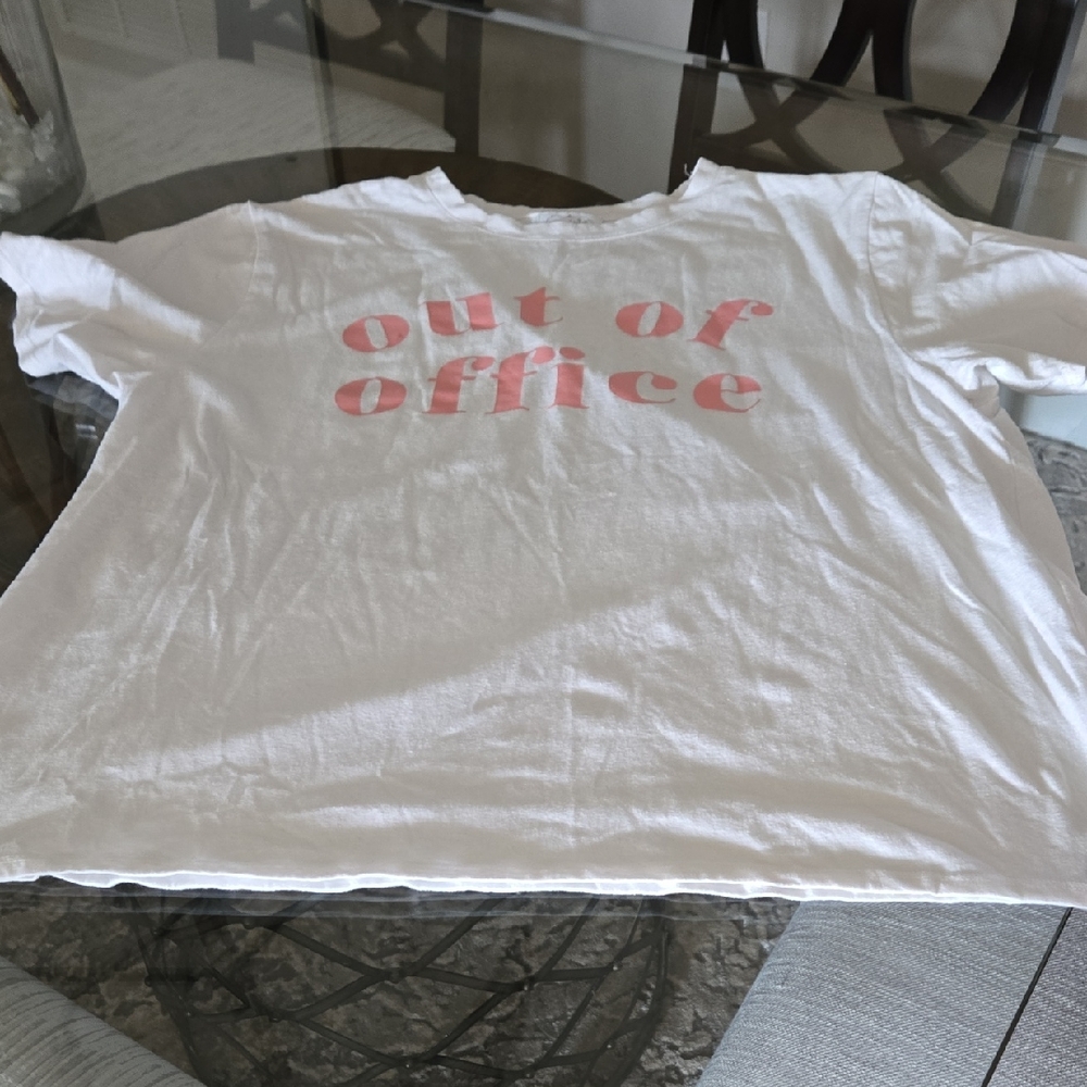 Mud Pie White and Pink 'Out of Office' T-Shirt. Soft Poly, Cotton, Rayon